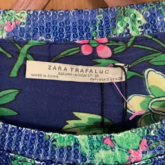 Zara blue floral sequin short sleeve top NWT - Picture 2 of 9